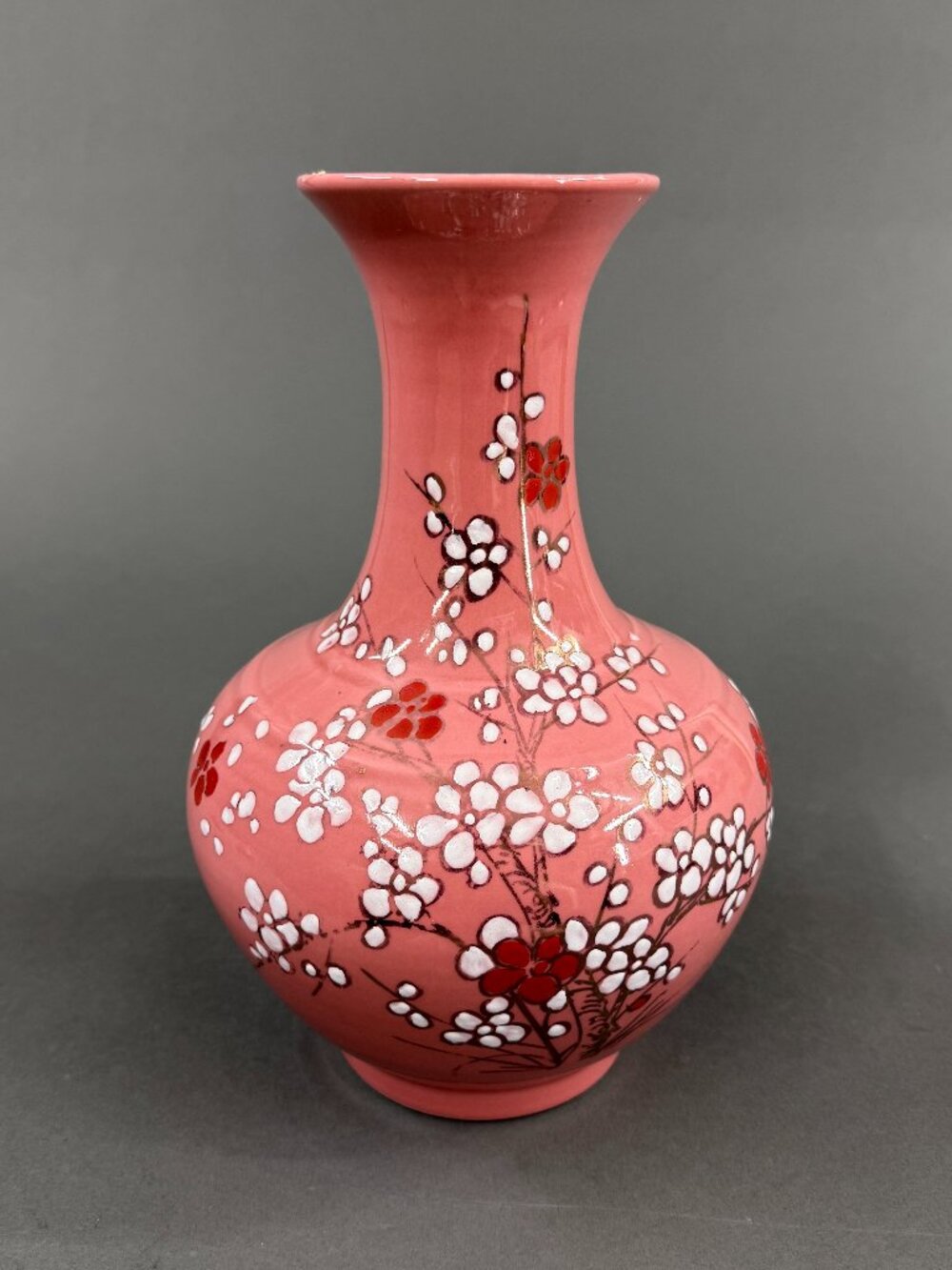 Vintage Chinese Jingdezhen Pink Porcelain Vase Plum Cherry Blossom 11.5"